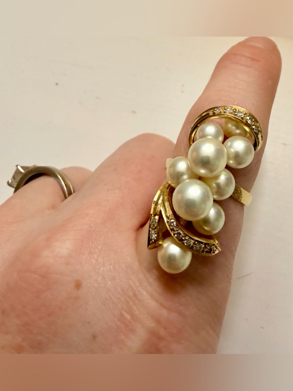 14k Gold Pearl Diamond Cluster Cocktail Ring - White Pearls - Picture 2 of 10